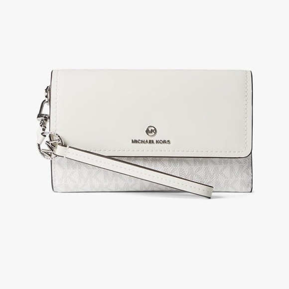 Michael Kors Off White Leather Logo Phone Wallet ID Card Case Wristlet - Picture 1 of 16